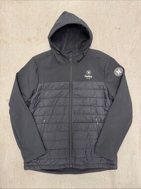 Hurley Men's Black Quilted Panel Hooded Puffer Waterproof Jacket M